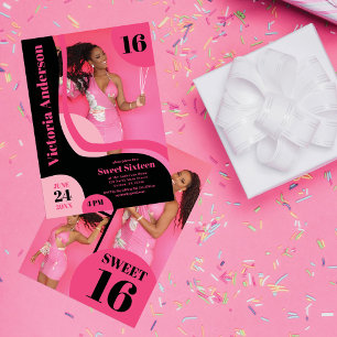 Unik geometrisk Rosa, svart, fyra fotolötter 16 Inbjudningar