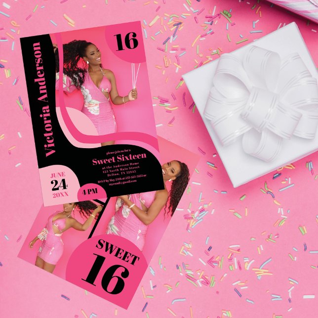 Unik geometrisk Rosa, svart, fyra fotolötter 16 Inbjudningar (Skapare uppladdad)
