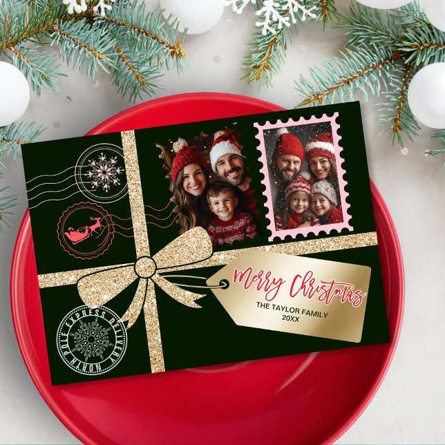 Unik Glitter Guld Gift Bow Photo God jul Julkort (christmas card designed like a gift box with gold glitter ribbon, bow and gift tag)