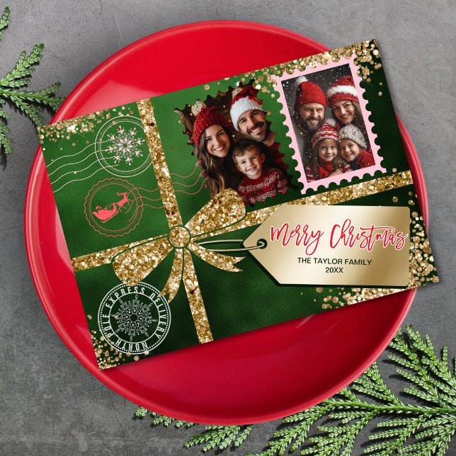Unik Glitter Guld Gift Bow Photo God jul Julkort (christmas card designed like an emerald green gift box with gold glitter ribbon and bow and gift tag)