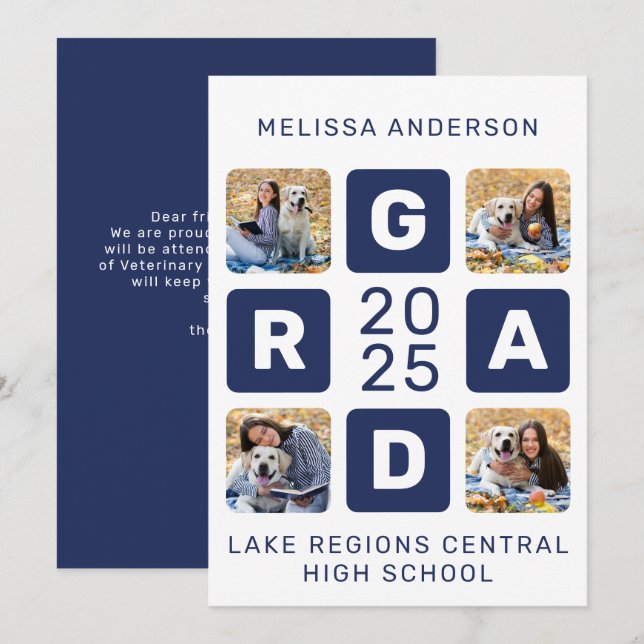 Unik Grad Navy Blue White 4 Photo Studenten Meddelande (Fram/baksida)