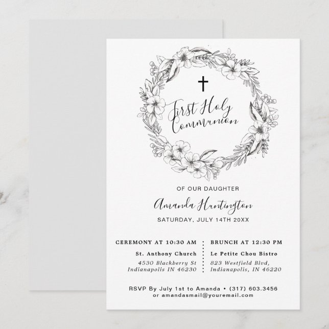 Unik Grått Blommigt First Holly Communion Inbjudningar (Fram/baksida)