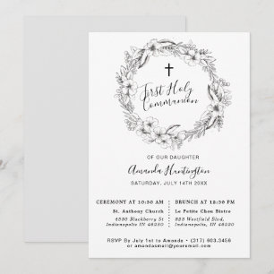 Unik Grått Blommigt First Holly Communion Inbjudningar