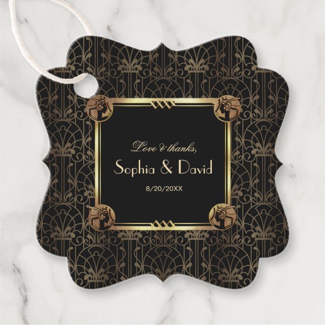 Unik Guld Black Underbar Gatsby Art Deco Bröllop Gåvor Etiketter (Framsida)