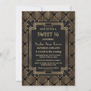 Unik Guld Black Underbar Gatsby Art Deco SWEET 16 Inbjudningar