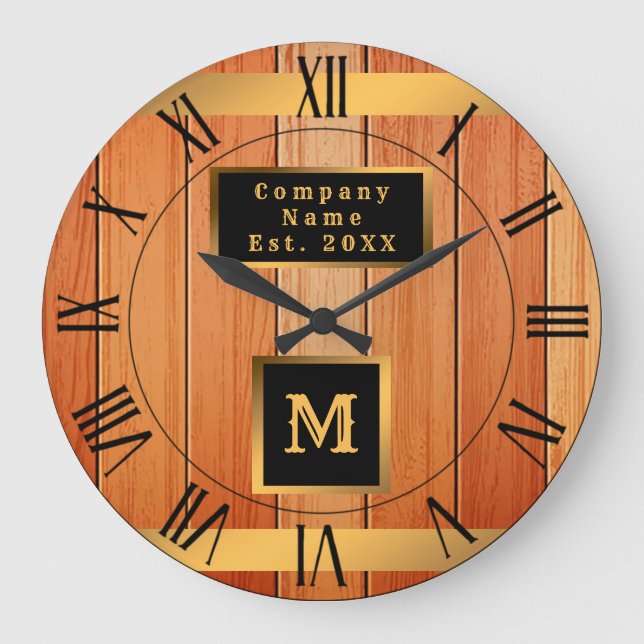 Unik Guld Luxury Wood Monogrammed Stor Klocka (Framsida)