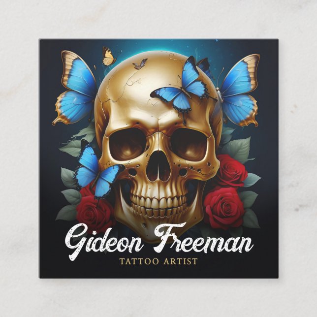 Unik Guld Skull Butterfly Tattoartist Fyrkantigt Visitkort (Framsida)