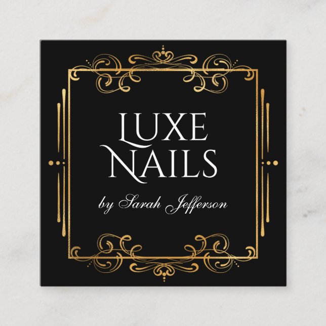 Unik guldfärgsblomma Swirls Luxurie Black   Fyrkantigt Visitkort (Framsida)
