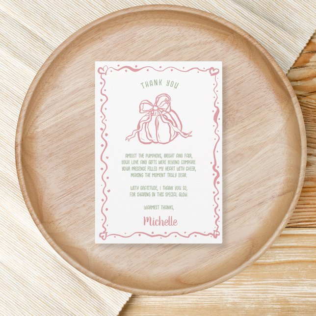 Unik Hand plockade Bow Little Pumpkin Baby Shower Tack Kort (hand drawn pink pumpkin with a bow)