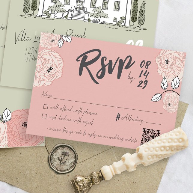 Unik Hand plockade Villa Manor Rosa Blommigt Bröll OSA Kort (Dusty rose pink hand drawn handwritten whimsical villa manor house QR code wedding invite RSVP card)