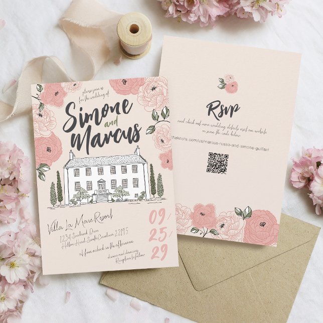 Unik Hand plockade Villa Rosa Grönt Blommigt Bröll Inbjudningar (Whimsical pink sage green floral unique hand drawn handwritten illustrated villa wedding invitation)