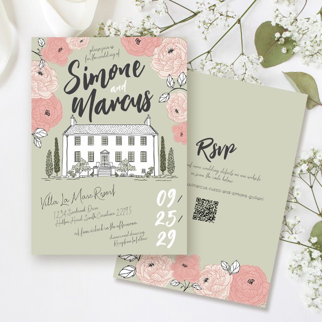 Unik Handritad Villa Sagegrön Blommig Bröllop Inbjudningar (Whimsical sage green pink floral unique hand drawn handwritten illustrated villa wedding invitation)