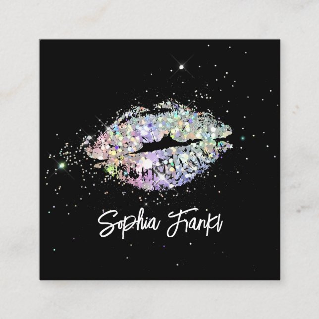 Unik holografisk Glitter Läppar Beauty Black Fyrkantigt Visitkort (Framsida)
