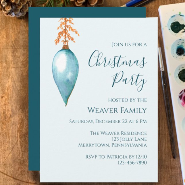 Unik inbjudan till Blue Watercolor-julfest (Customize this template for unique beautiful Christmas party invitation. Original blue watercolor. )