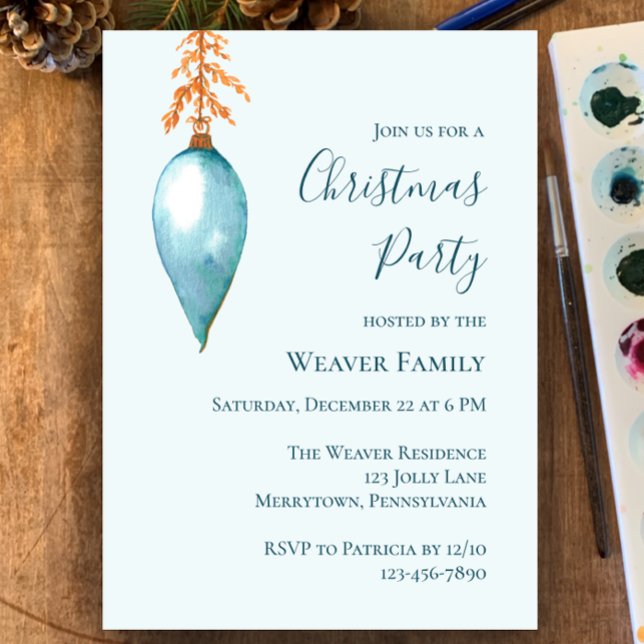 Unik inbjudan till Blue Watercolor-julfest (Original watercolor blue Christmas bauble. Custom modern Christmas party invitation
)