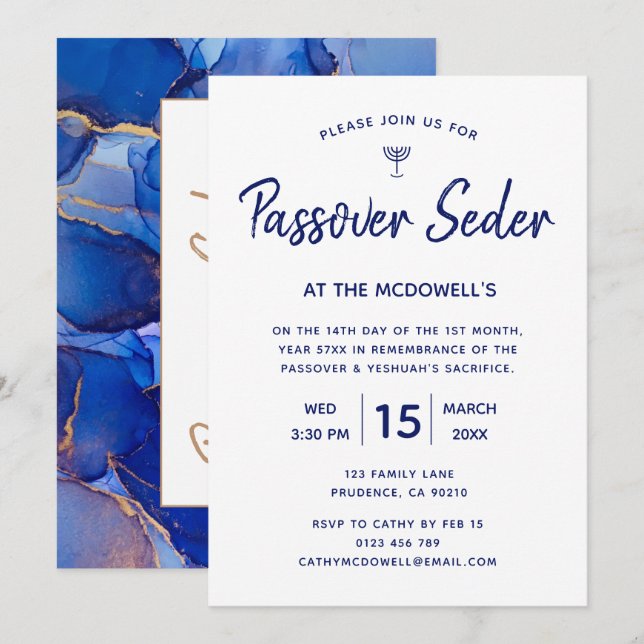 Unik inbjudan till Pesach-seder i blå och guld (Fram/baksida)