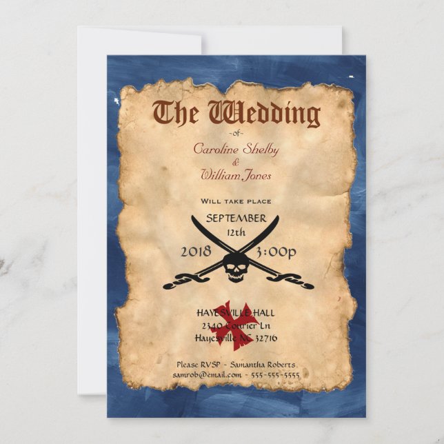 Unik inbjudan till Pirat Skull och Sword Wedding (Framsida)