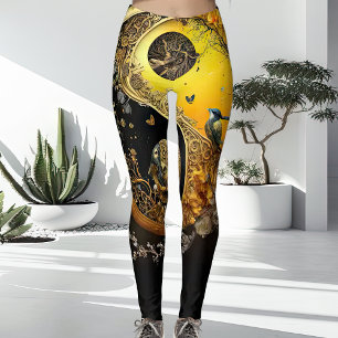Unik Intricate Andlig Gult och Black Dam Leggings