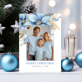 Unik Isig Blue Guld Poinsettia JulFOTO Julkort