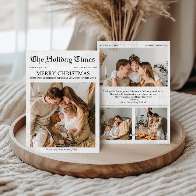 Unik jul 4-fotofamilj för dagstidningar julkort (Newspaper 4 Photos Christmas Card, Unique Photo Holiday Card)