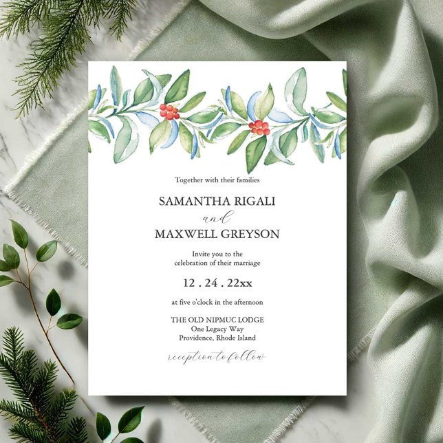 Unik julbröllopsinbjudan Vattenfärg Inbjudningar (Christmas wedding invitations watercolor botanical art by Victoria Grigaliunas of Do Tell A Belle)