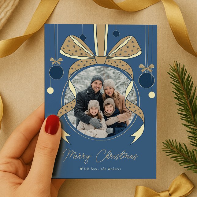 Unik julgransprydnad med båge Foto Klot Julkort (elegant whimsical bows Christmas ornament photo holiday cards in blue and cream)
