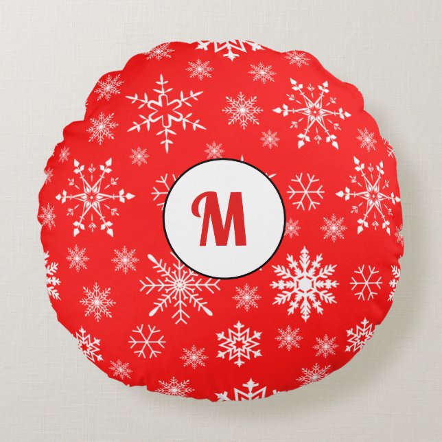 Unik julklapp för hennes monogramrött rund kudde (Framsidan)