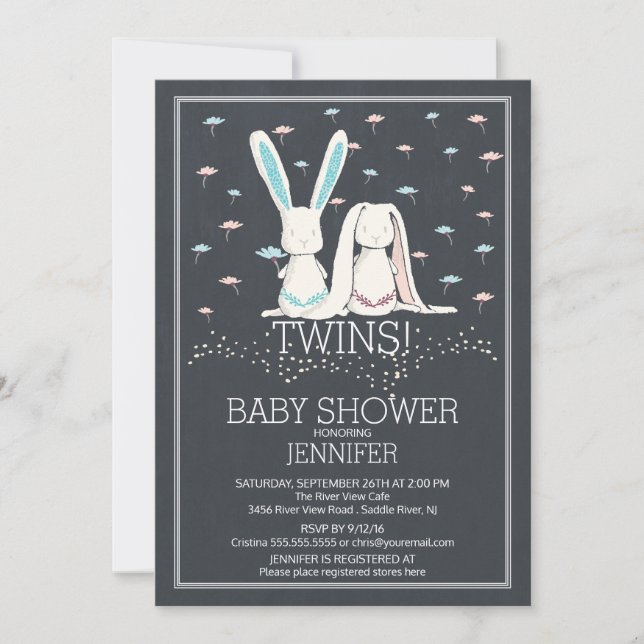 Unik kalkboard TWIN Girl Boy Bunny Baby Shower Inbjudningar (Framsida)