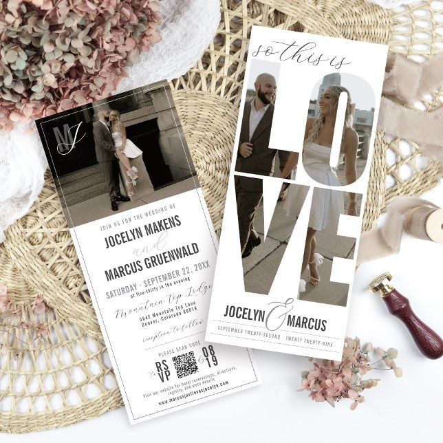 Unik Kärleksfoto Typografi Modern 4x9 Bröllop Inbjudningar (Unique 4x9 So This Is Love bold photo typography modern QR code all-in-one simple wedding invitation)