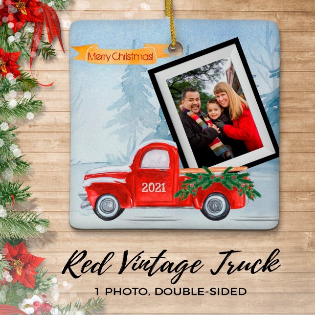 Unik Lastbil i Photo Rustic Red jul Julgransprydnad Keramik (Skapare uppladdad)
