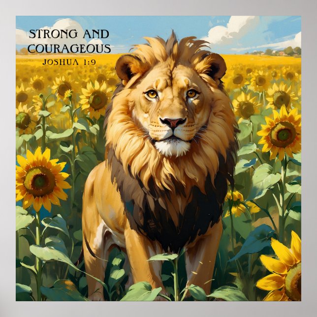 Unik Lejon i Gult Solros Fält Faith Poster (Framsidan)