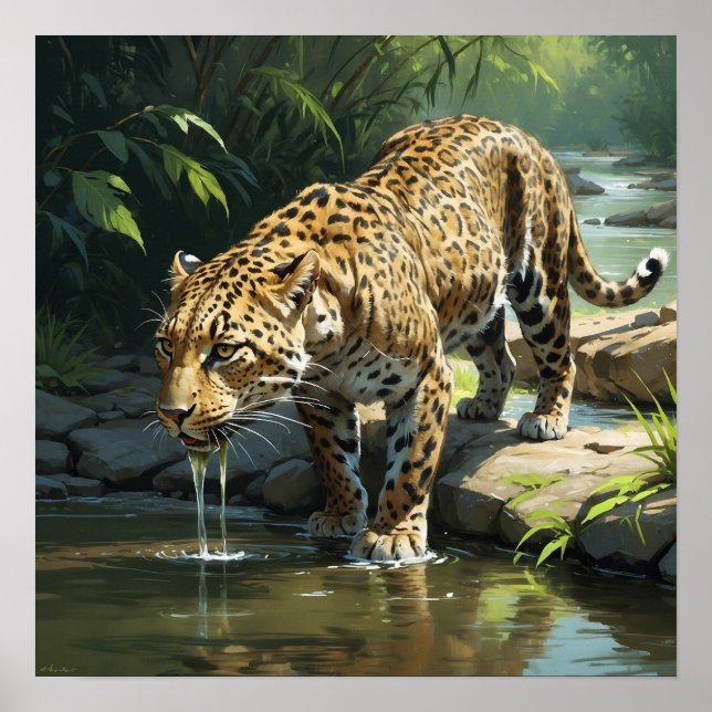 Unik leopard som dricker Vatten i målningen av flo Poster (Framsidan)