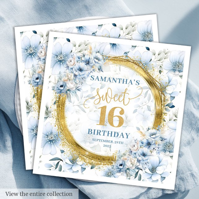 Unik ljusblå Sweet sixteen Guld Glitter Pappersservett (Unique Light Blue Sweet Sixteen Gold Glitter Napkins)