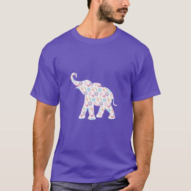 Unik lycklig Elephant-with Flower Mönster T Shirt (Framsida)