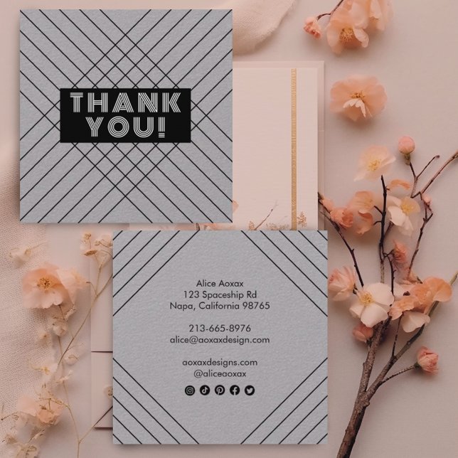 Unik lyx för beställ Tack med minimal Abstrakt Fyrkantigt Visitkort (Custom thank you for your order cards on luxurious gray. Custom social media icons on modern style)