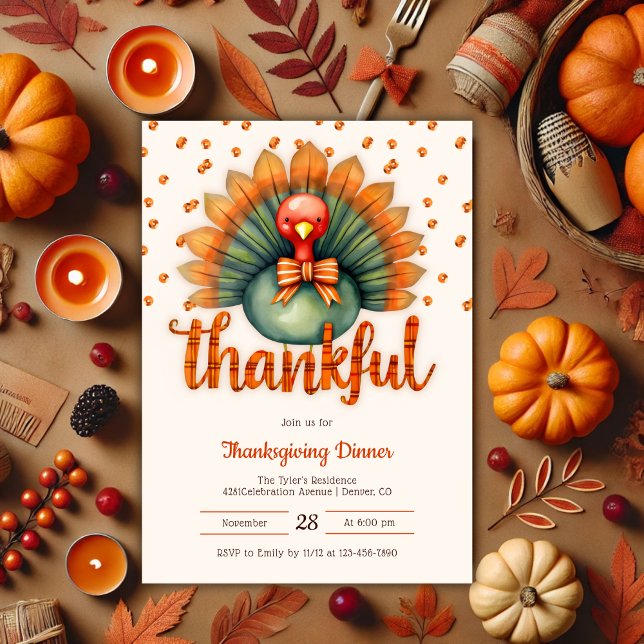 Unik middag för Thanksgiving av tack och lov för T Inbjudningar (Unique Thankful Cute Turkey Thanksgiving Dinner Invitation)