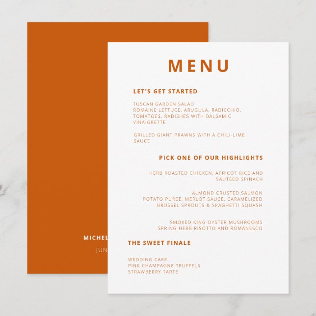 Unik minimal typografi - bränd Orange Bröllop Meny (Fram/baksida)