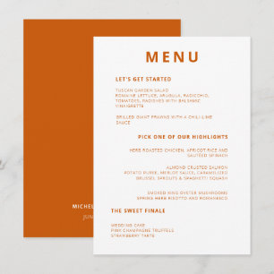 Unik minimal typografi - bränd Orange Bröllop Meny