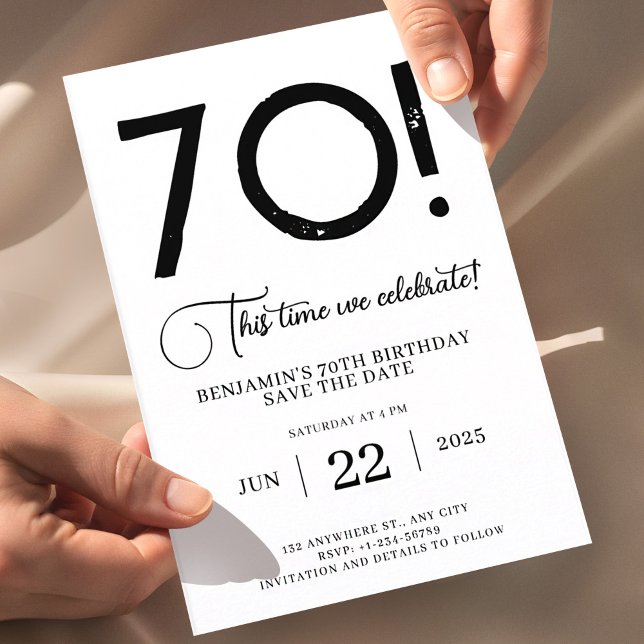 Unik minimalistisk Spara datum 70-årsdag Inbjudningar (70th birthday save the date card modern black white, bold typography 70 birthday invitation, minimal)
