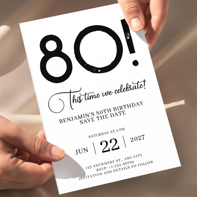 Unik minimalistisk Spara datum 80-årsdag  Inbjudningar (80th birthday save the date invitation black white, minimalist 80 birthday invite, modern typography)
