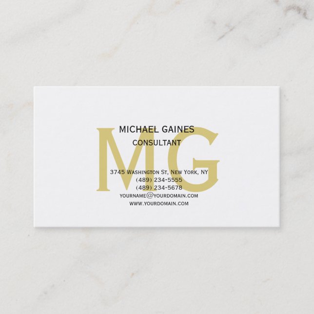 Unik, minimalistisk vit Guld Färg Monogram White Visitkort (Framsida)