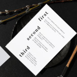 Unik minsta svartvit Lodrät Bröllop Meny<br><div class="desc">Unik minimal svartvit Lodrät Bröllop-meny med makens namn och bröllop på baksidan. All text fält och färg är anpassade i verktyg.</div>