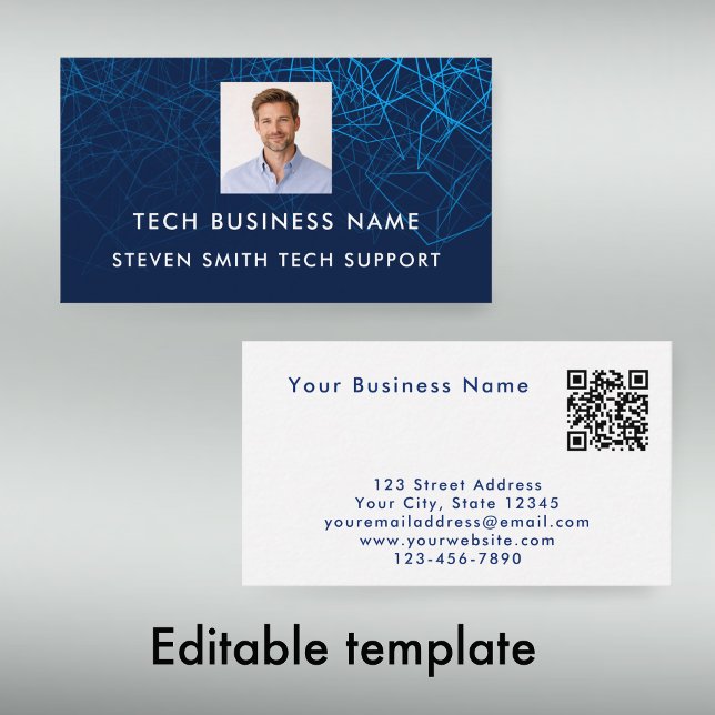 Unik Modern Blå Foto QR-kod Tech Professionell Visitkort (Personalize this modern blue geometric business card template
)