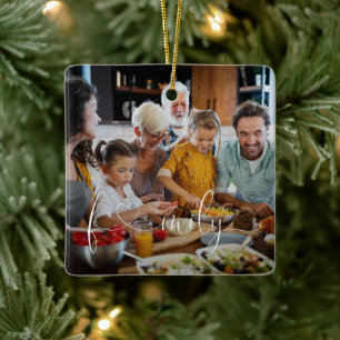Unik Modern Family Photo Heart-skripttypografi Julgransprydnad Keramik