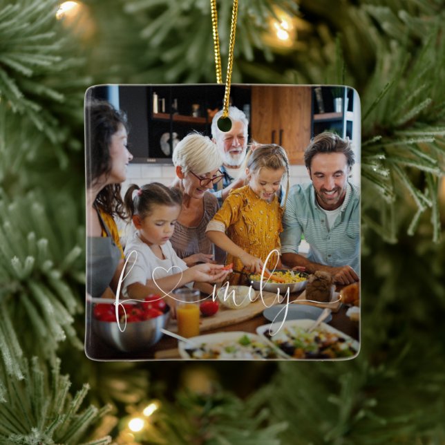 Unik Modern Family Photo Heart-skripttypografi Julgransprydnad Keramik (Träd)