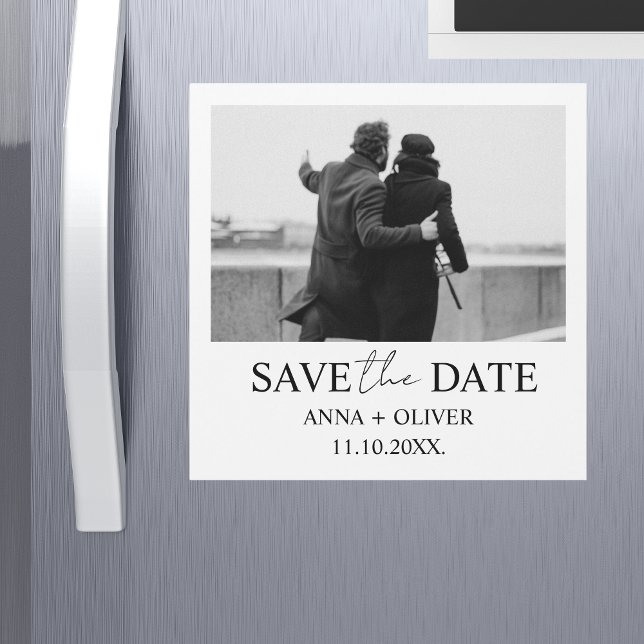 Unik modern fotoskriptcute sparar datum magnetisk inbjudningskort (Save the Date magnet Unique Modern minimalist elegant)