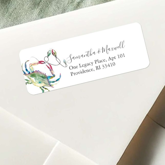 Unik modern Kustvattenfärgad julkrabba Returadress Etikett (Beach Christmas return address labels watercolor crab and holiday lights art by Victoria Grigaliunas)