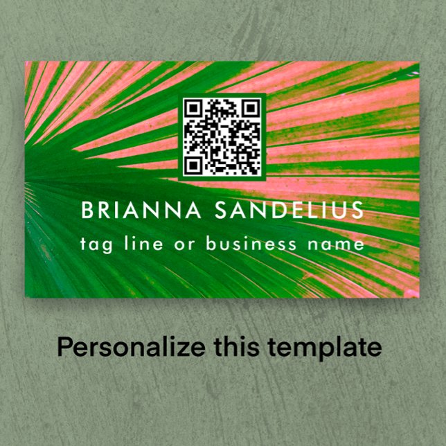 Unik Modern Rosa & Grön Palm QR-kod Anpassad Visitkort (Add your name, business contact information and QR code to my original colorful botanical design.)
