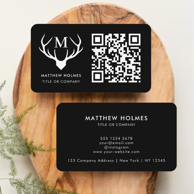 Unik modern svart skannerbar QR-kodmonogram Visitkort (Modern Black Scannable QR Code Monogram Unique Business Card)