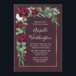 Unik Möhippa för Burgundy- och Guld-Blommigt-fall Inbjudningar<br><div class="desc">Med en vin eller en burgundisk vattenfärg tvättar bakgrunden med elegant silver-dollar och sederad eukalyptus-löv med marsala/burgundblommor. Utformningen har även ett utskrivet guld gräns.</div>